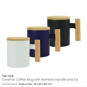 Ceramic Coffee Mugs with Bamboo Handle and Lid 380ml
