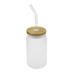 Glass Bottle with Straw and Bamboo Lid 455 ml Capacity