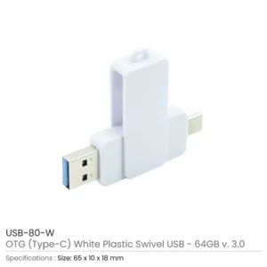 OTG White Swivel USB Flash Drives 64GB V. 3.0 Type C