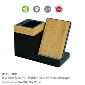 Bamboo Pen Holder with 15W Wireless Charger & LED Logo