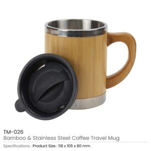 Bamboo & Stainless Steel Coffee Travel Mug with Handle and Lid