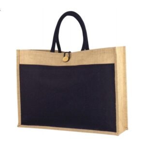 Carrey – Wide Laminated Jute Bag with Button Loop & Canvas Pocket (Black)