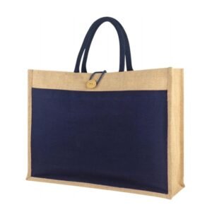 Karma – Wide Laminated Jute Bag with Button Loop & Canvas Pocket (Blue)
