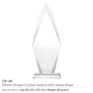 Flame Shaped Crystal Awards with Glass base & Box