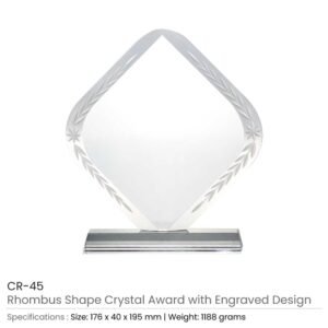 Rhombus Shaped Crystal Awards with Engraved Design & Box