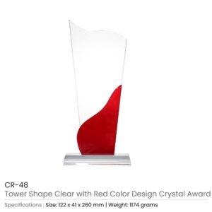 Tower Shaped Crystal Awards, Clear & Red Design with Box