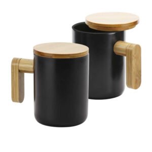 Black Ceramic Coffee Mugs with Bamboo Handle and Lid